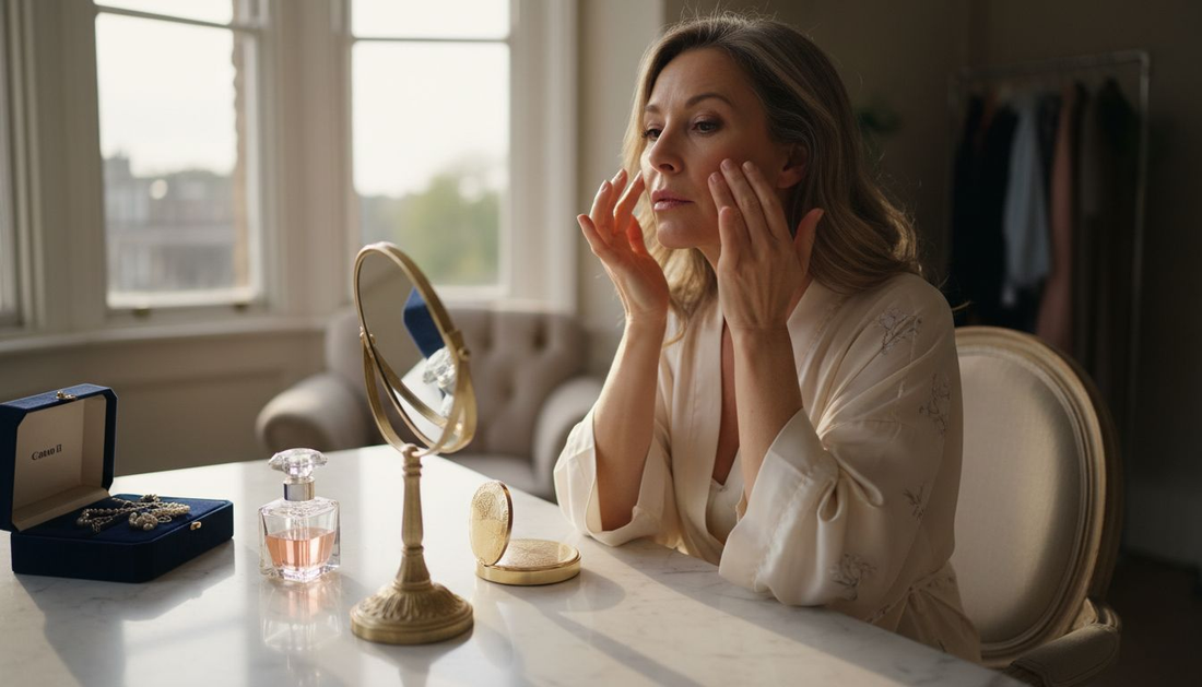 Mature woman applying makeup at vanity