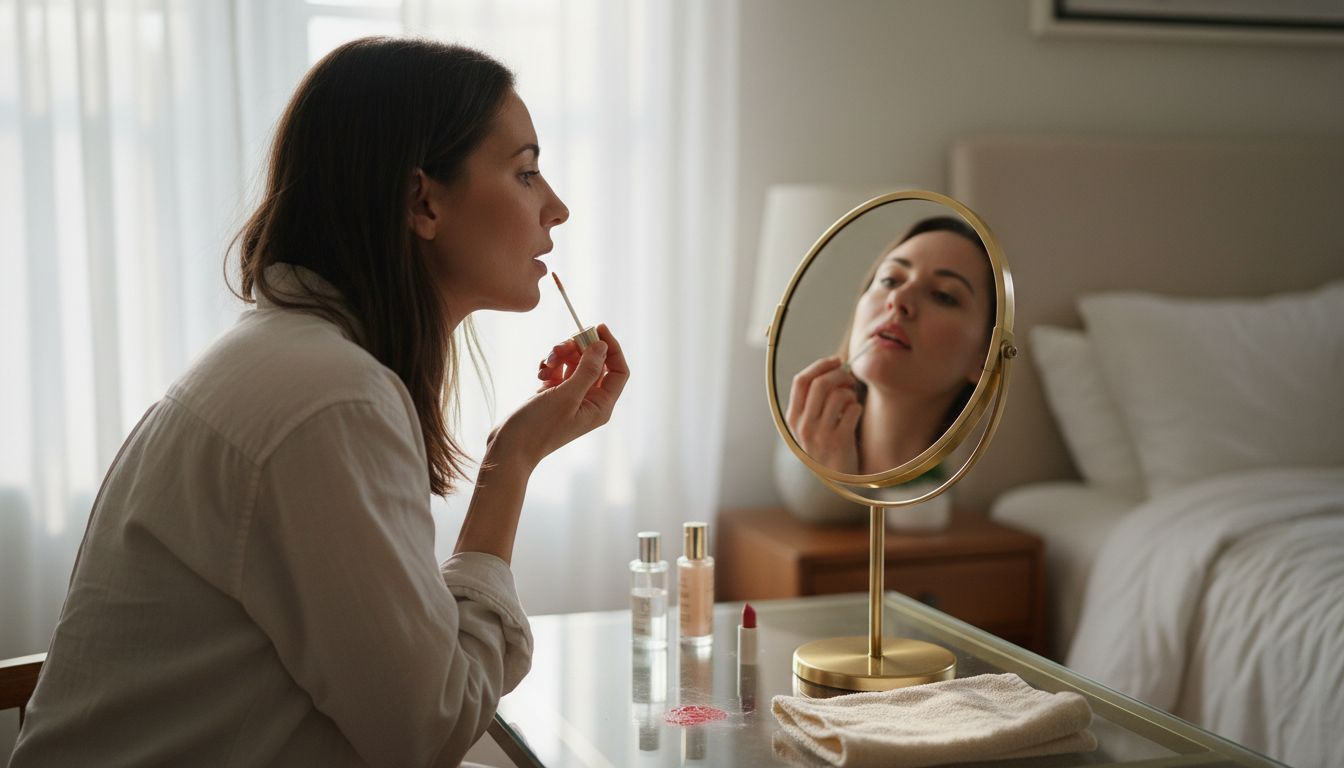 Woman carefully applying lip gloss at vanity