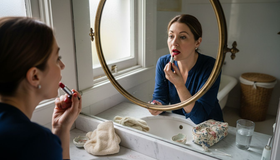 Woman applying bold lipstick at vanity