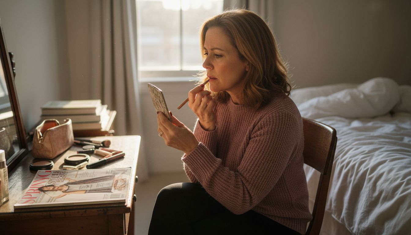 Mature woman applying mocha lip liner at vanity
