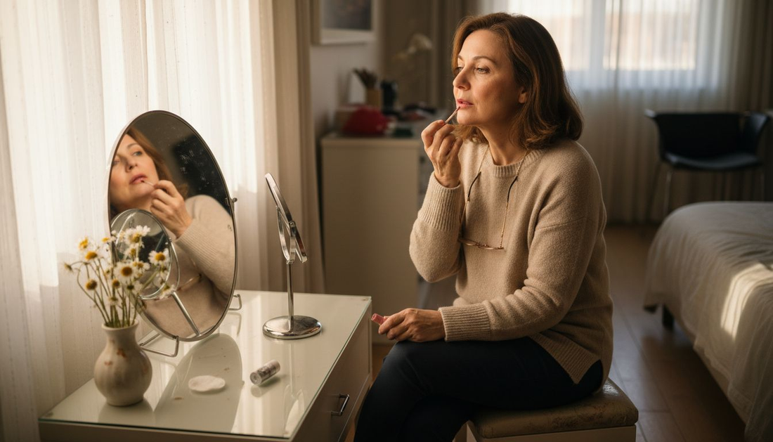 Mature woman applying gloss at cozy vanity