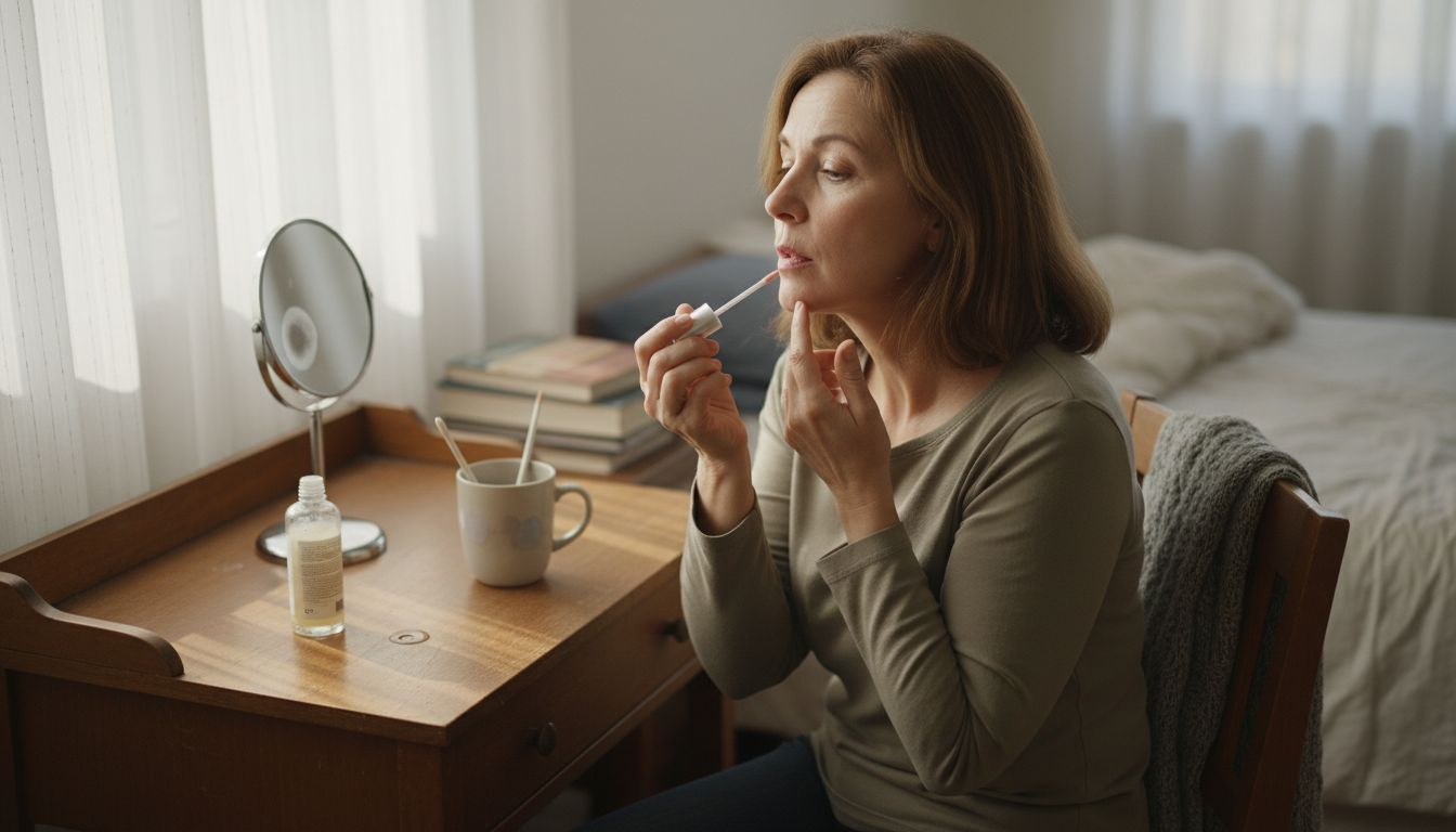 Woman applying clear lip gloss at vanity