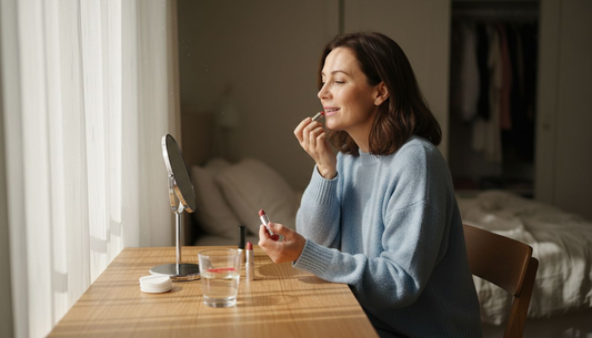 Woman over 40 applying lipstick at vanity