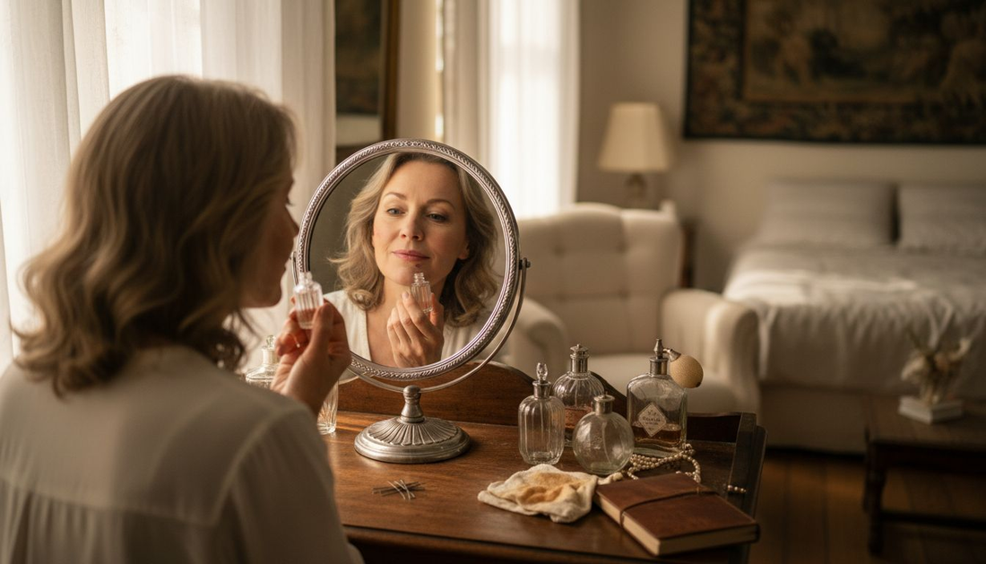 Mature woman applying lip oil at vanity