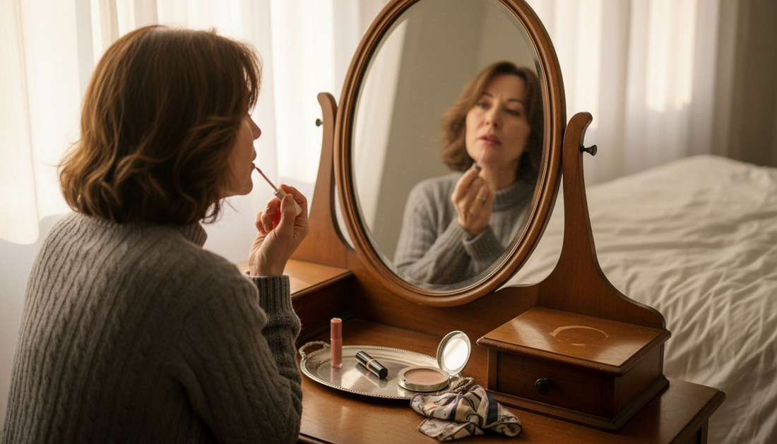 Mature woman applies lip gloss at vanity table