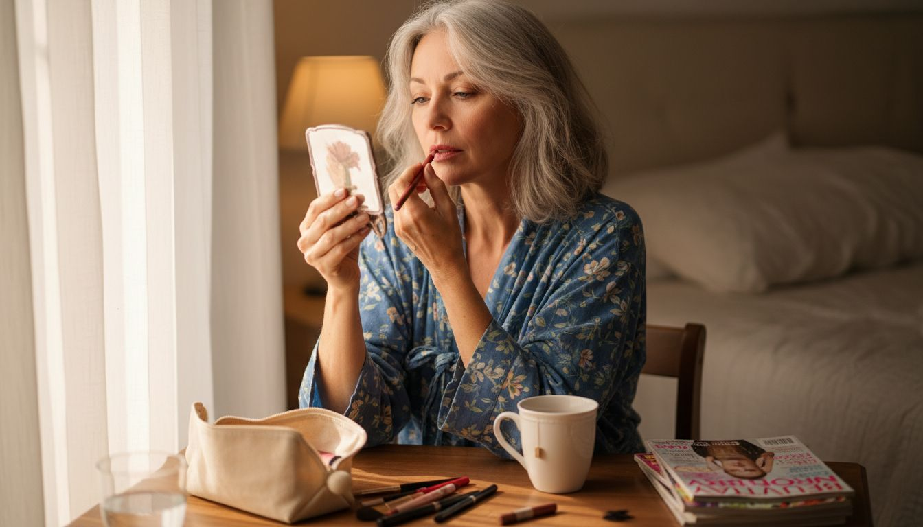 Mature woman applying lip liner at vanity