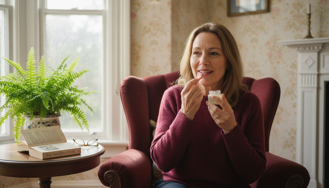 Mature woman applying organic lip balm in sunlight