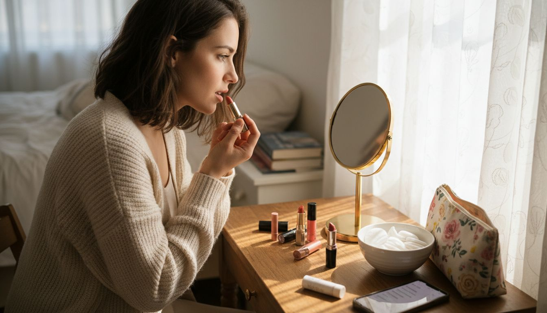 Woman applying lipstick in sunlit bedroom
