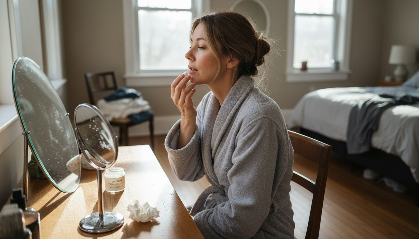 Woman gently applies lip balm at vanity
