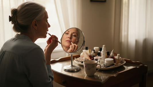 Mature woman applying light nude lip liner