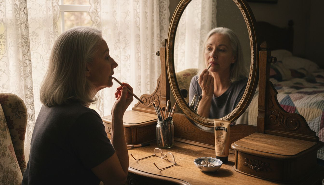 Mature woman applying nude lip liner at vanity
