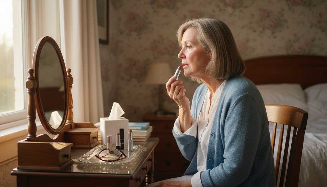 Older woman applying soft lipstick at vanity