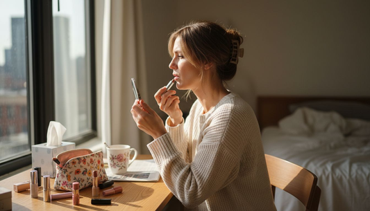 Woman applying nude lipstick at vanity