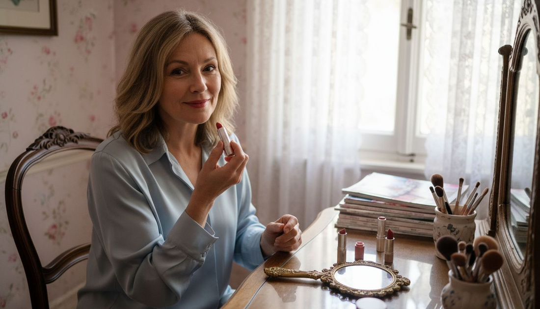 Mature woman choosing from lipstick shades at vanity