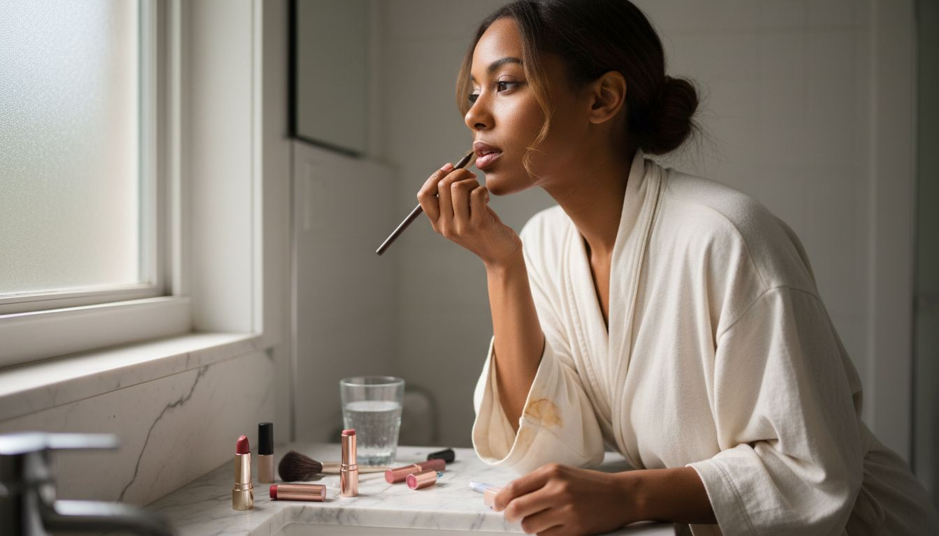 Woman applies lip liner in sunlight bathroom