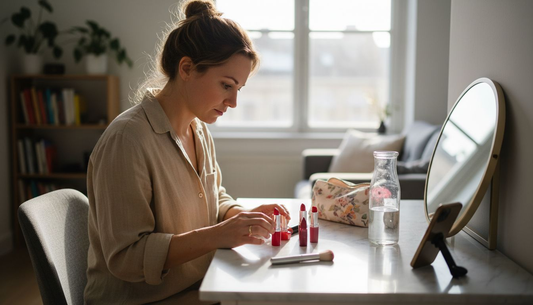 Woman choosing lipstick at vanity in sunlight