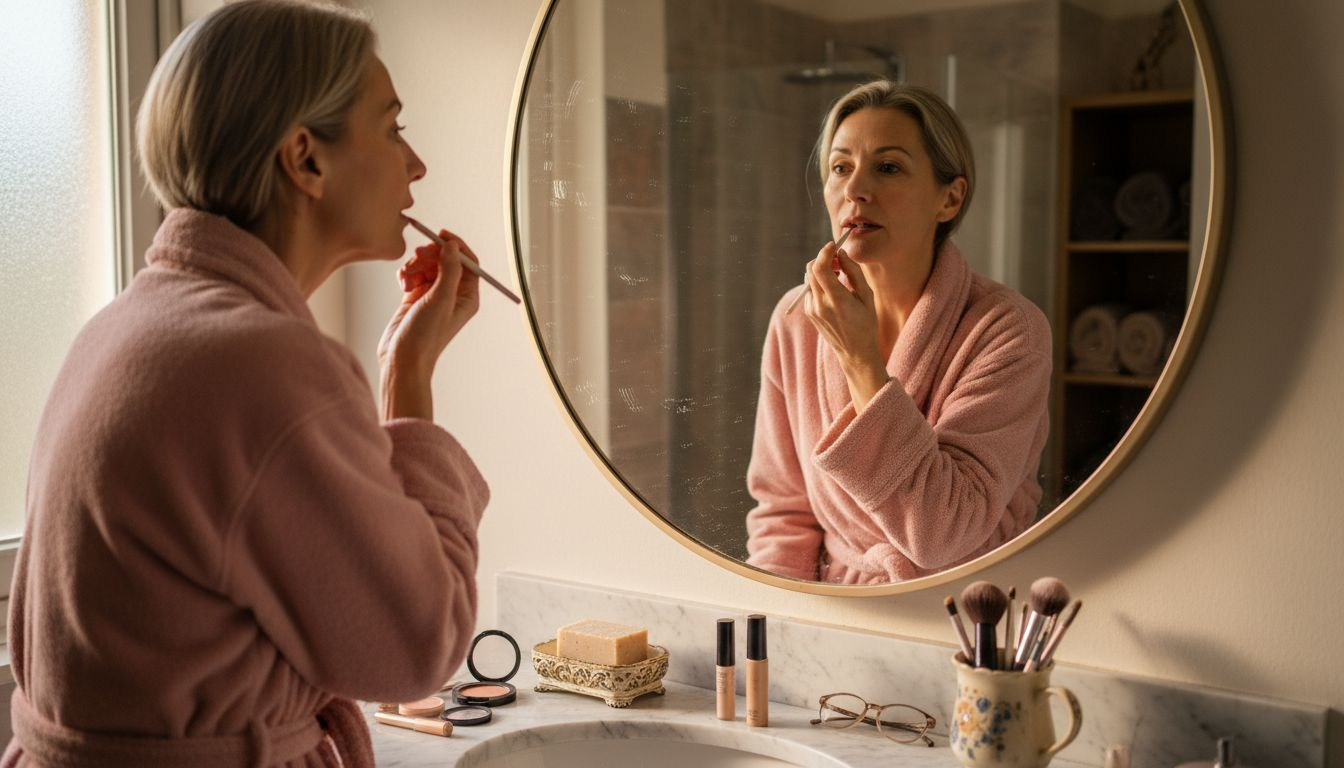 Mature woman applying nude lip liner in bathroom