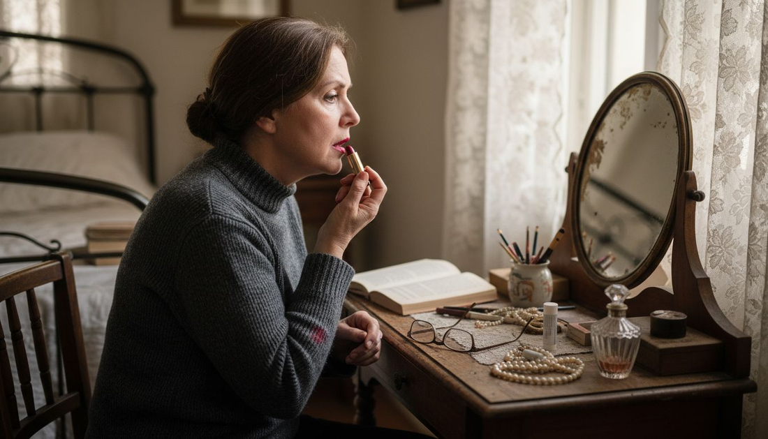 Older woman applying lipstick at vanity