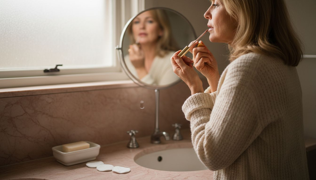 Mature woman applying lipgloss at bathroom counter