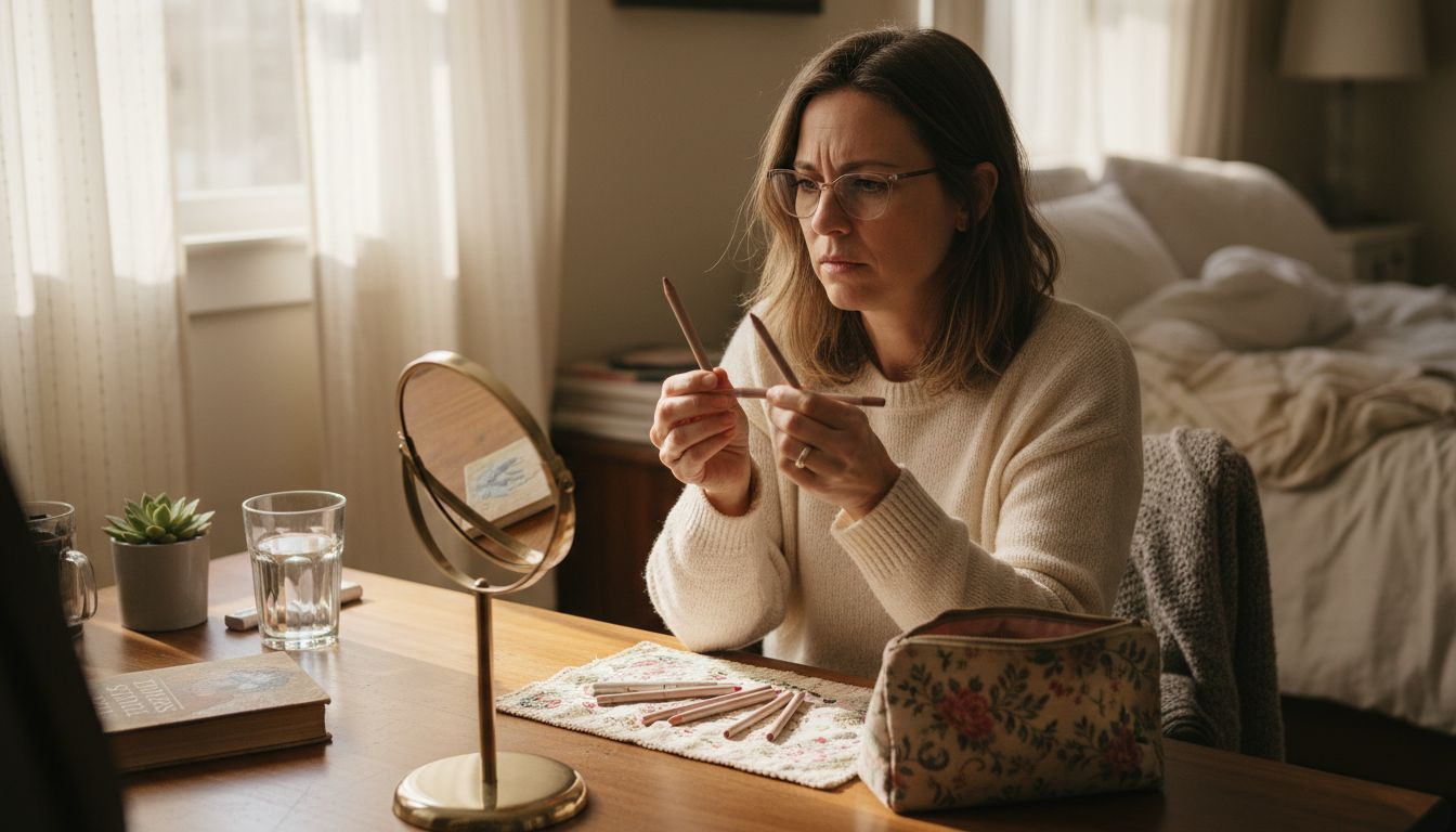 Woman over 40 selecting lip liner at vanity