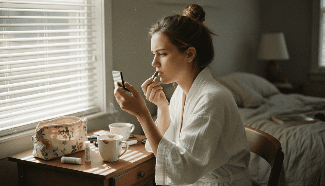 Woman applying lipstick at morning vanity