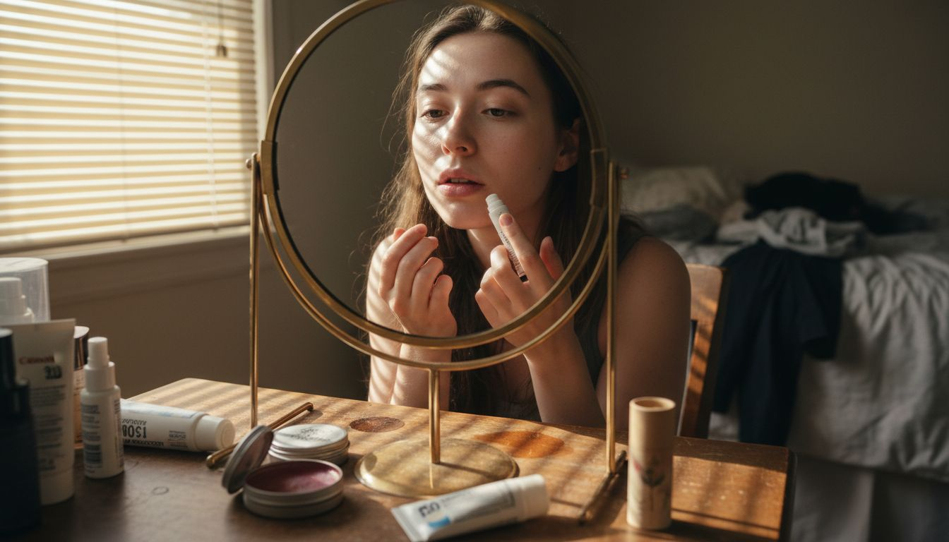 Woman testing different lip balms at vanity