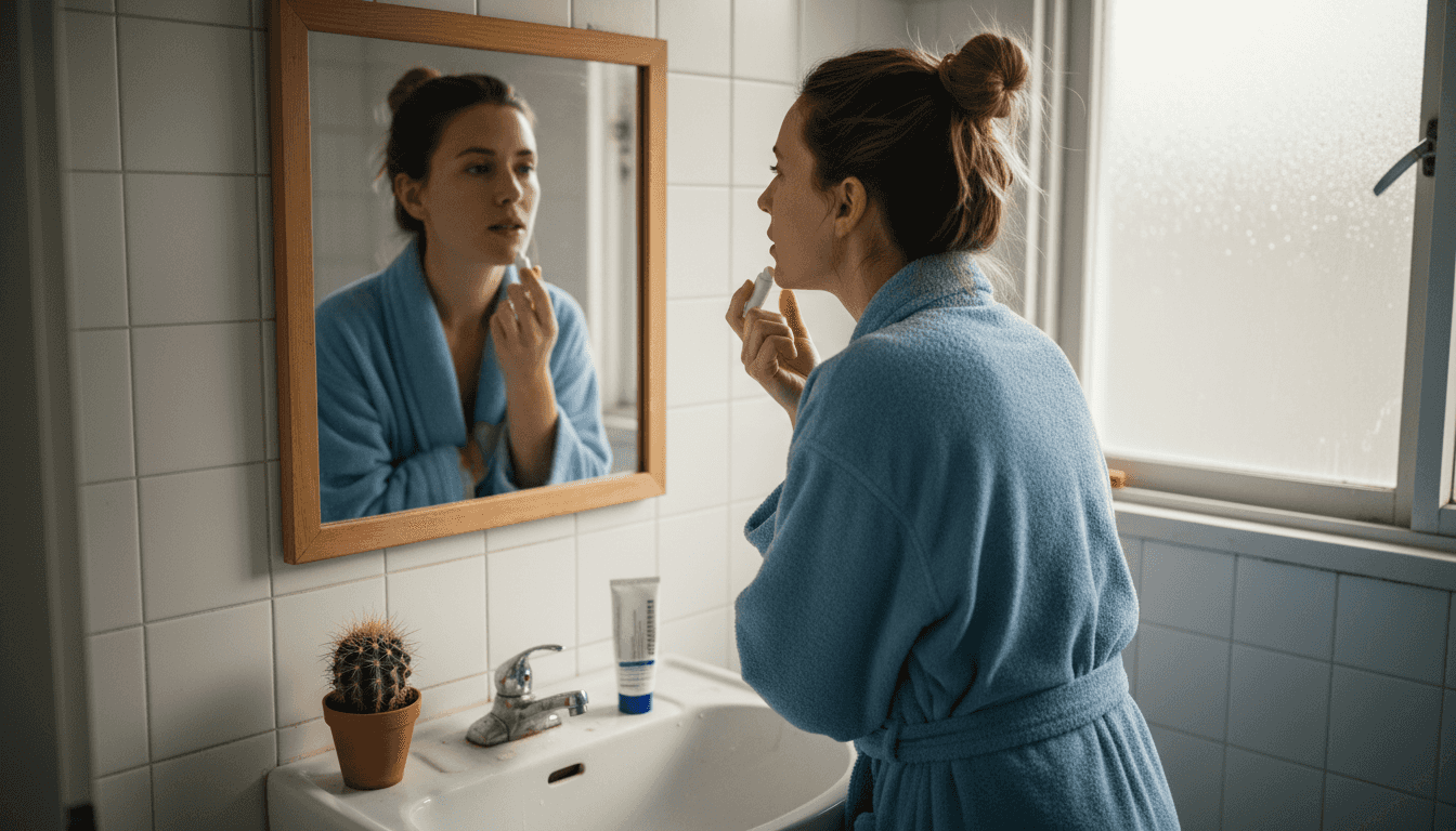 Woman applying lip balm in morning bathroom