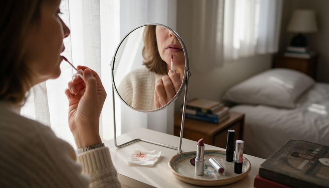 Mature woman applying lip stain at vanity