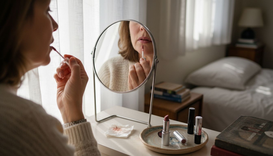 Mature woman applying lip stain at vanity