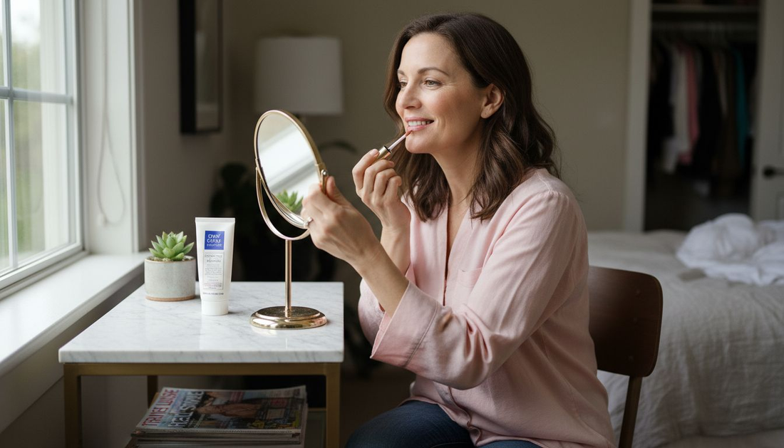 Woman applying shimmering lip gloss at vanity