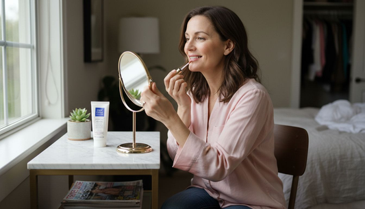 Woman applying shimmering lip gloss at vanity
