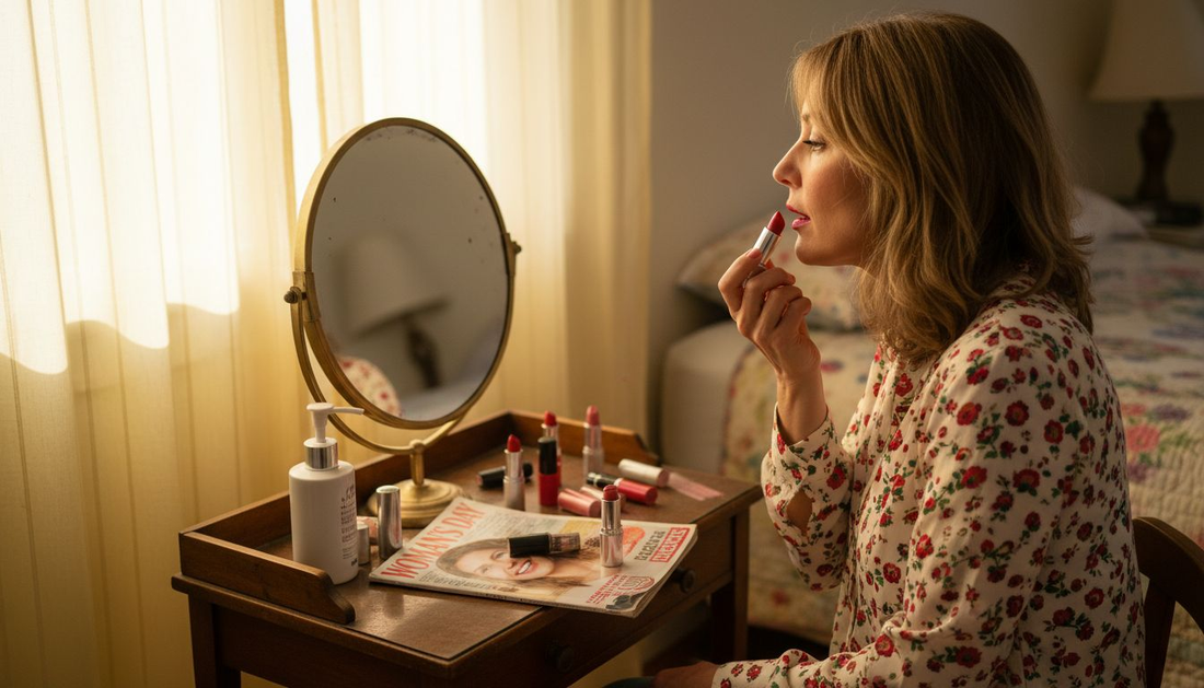 Woman applying lipstick at bedroom vanity