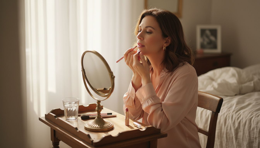 Woman applying pink lip liner at vanity