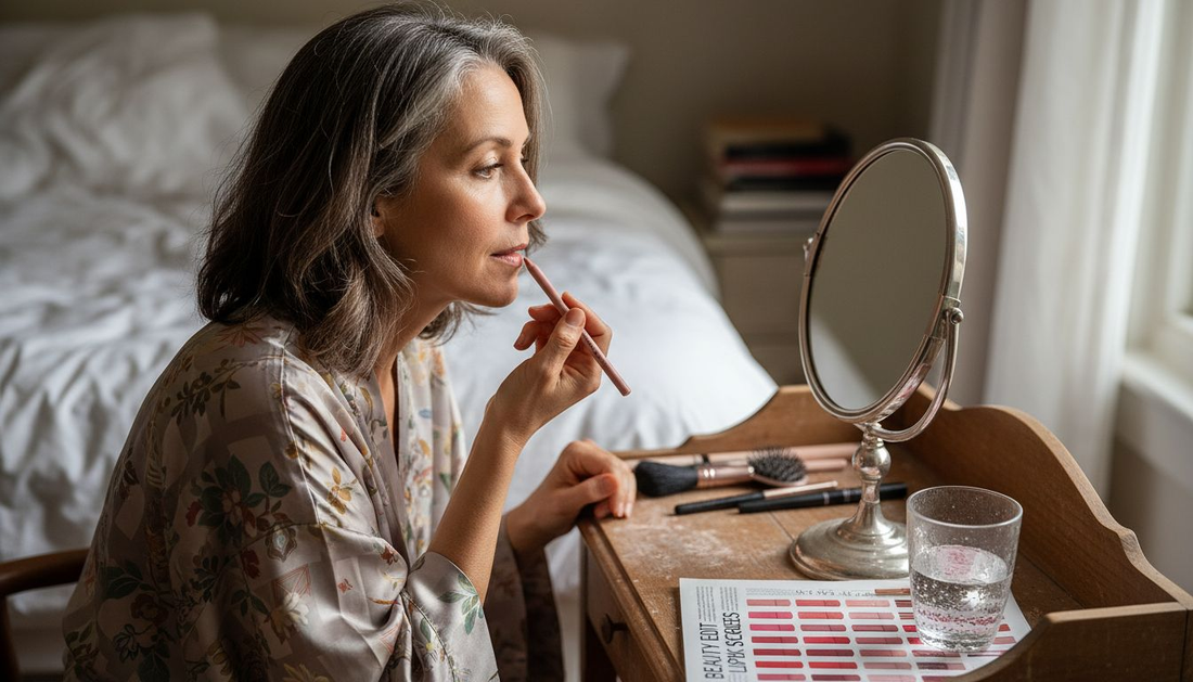 Woman in 40s applying nude pink lip liner
