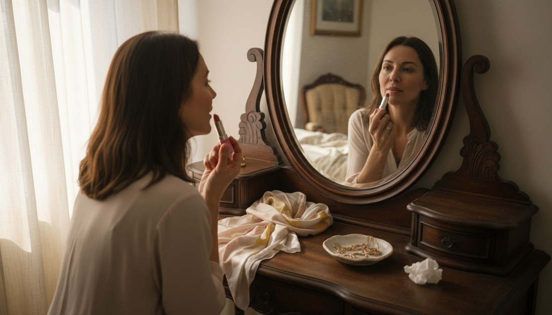 Woman applying hydrating lipstick at vanity