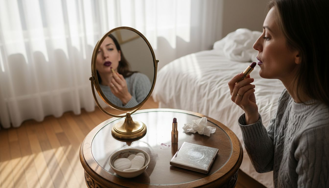 Woman applying dark lipstick at vanity