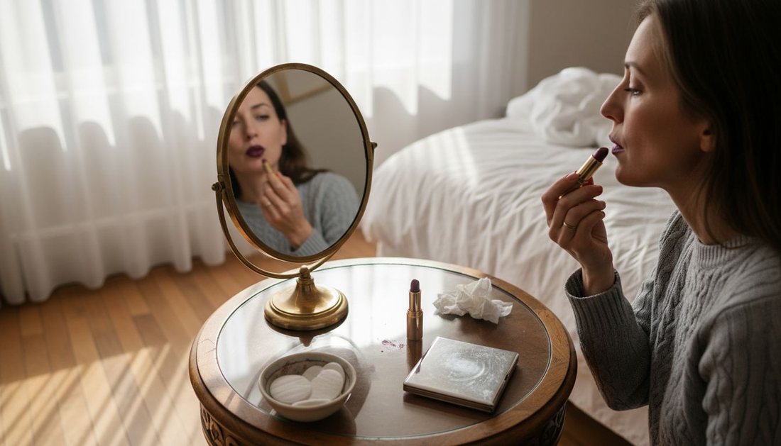 Woman applying dark lipstick at vanity