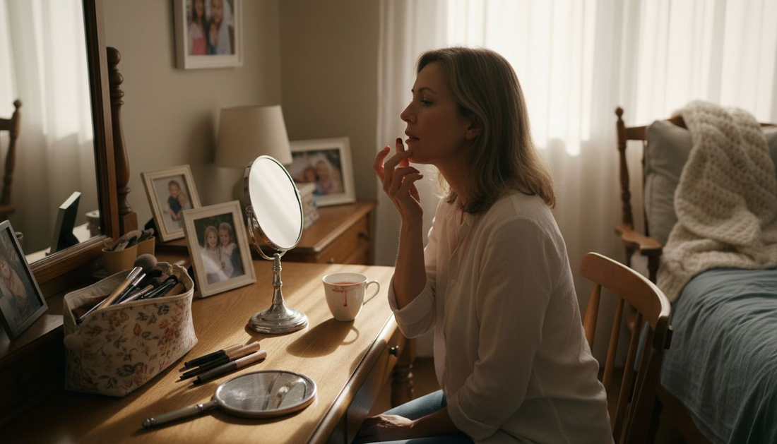 Woman in her 40s applying lip balm at vanity