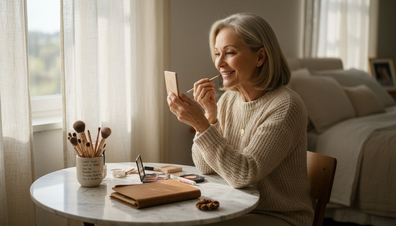 Woman applying brown lip liner at vanity