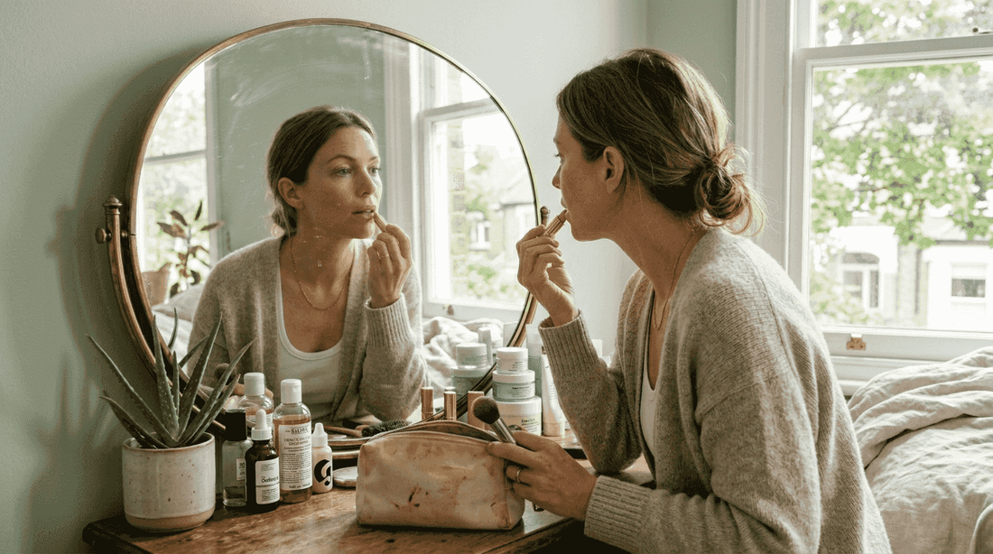 Woman applying nude lipstick at vanity
