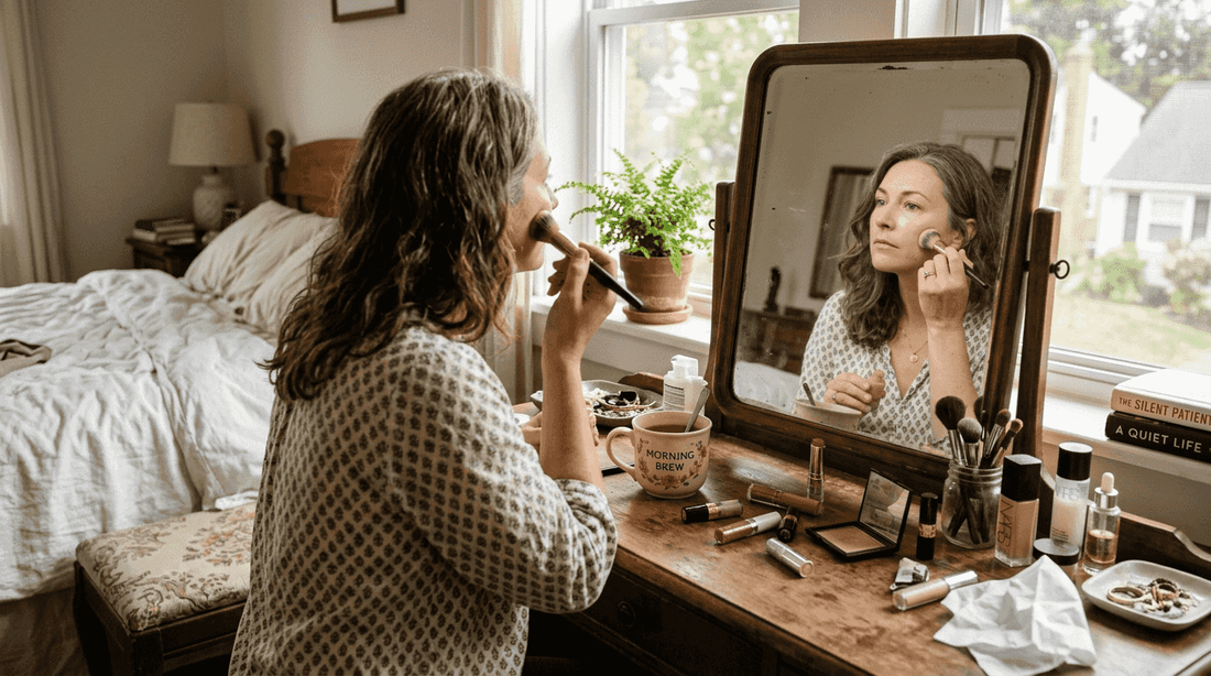 Woman over 40 applying foundation at vanity