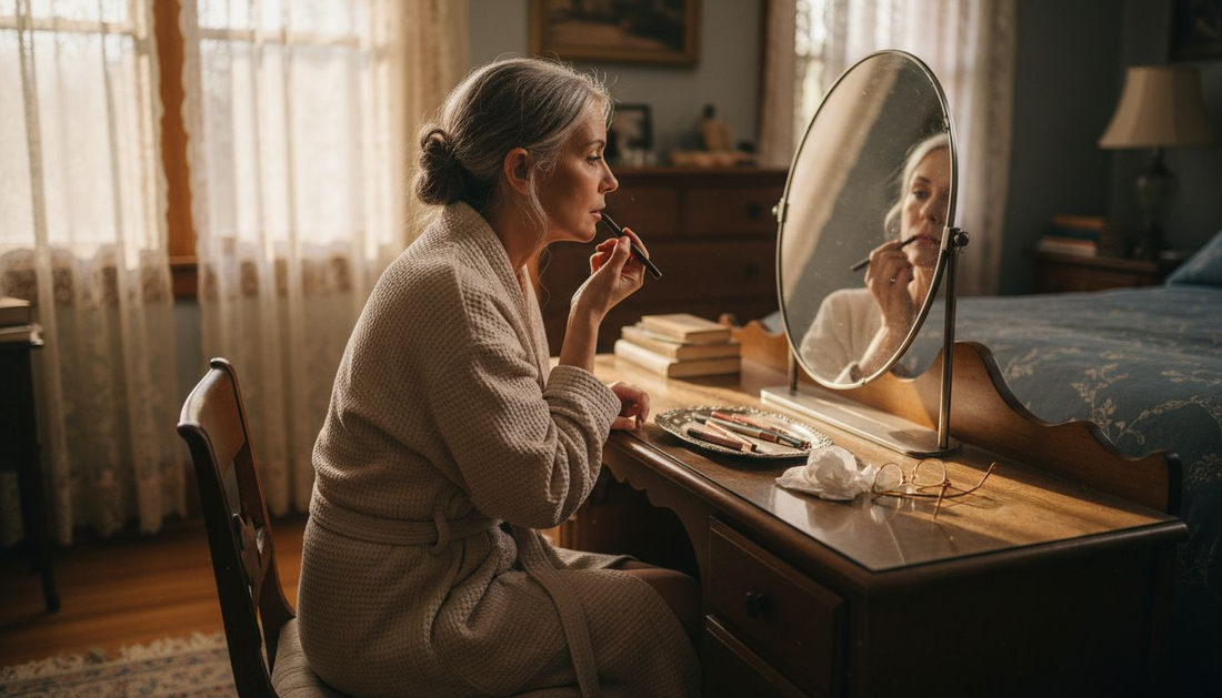 Woman applying dark brown lip liner at vanity