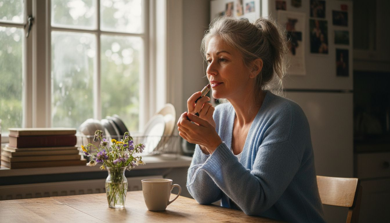 Mature woman applying lipstick at kitchen table