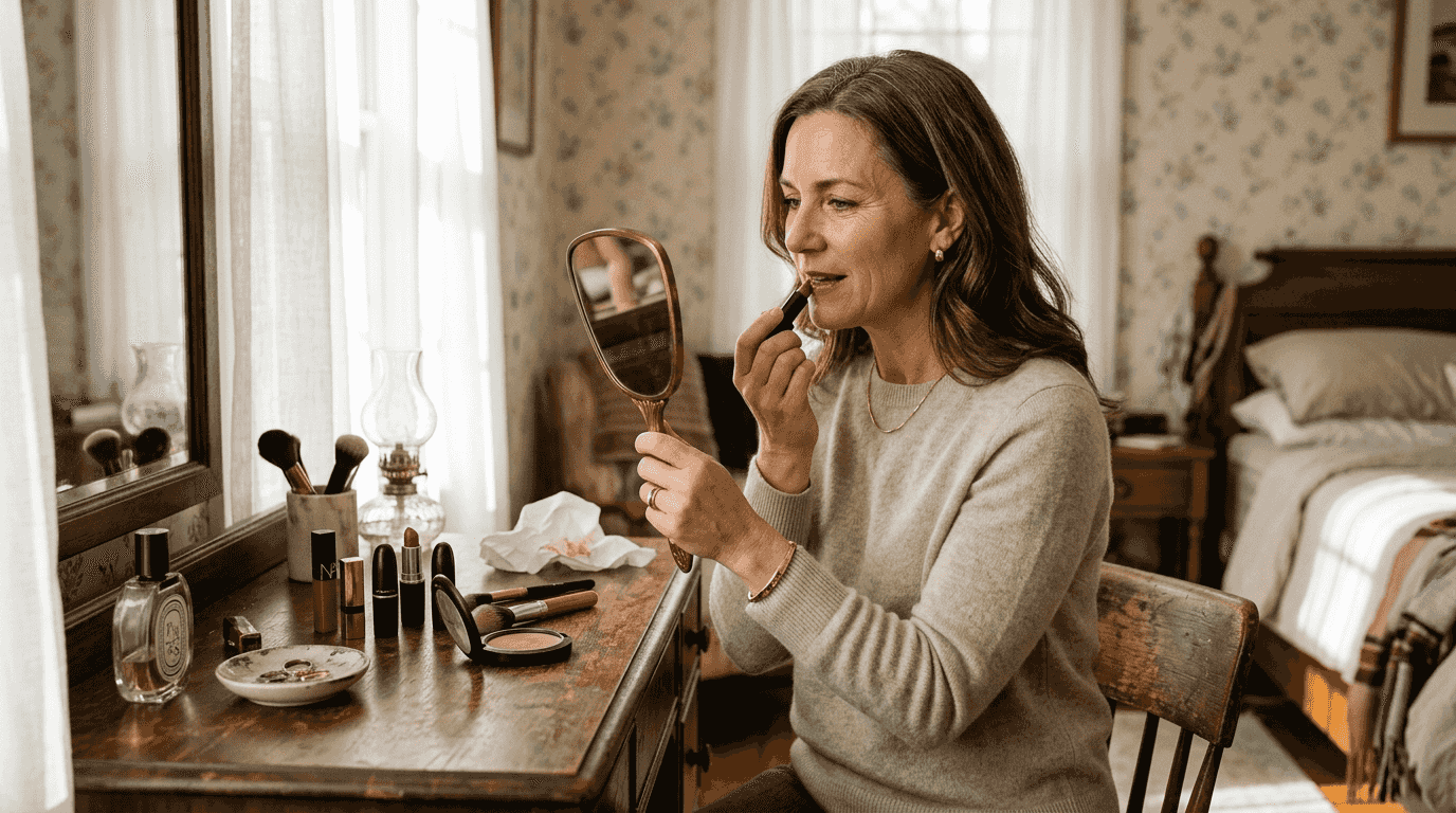 Woman applying lipstick at vintage vanity