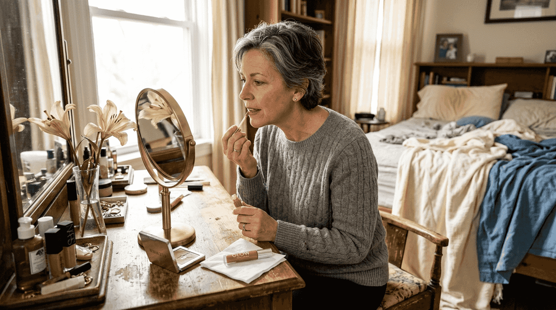 Woman in 50s applying lip gloss at vanity