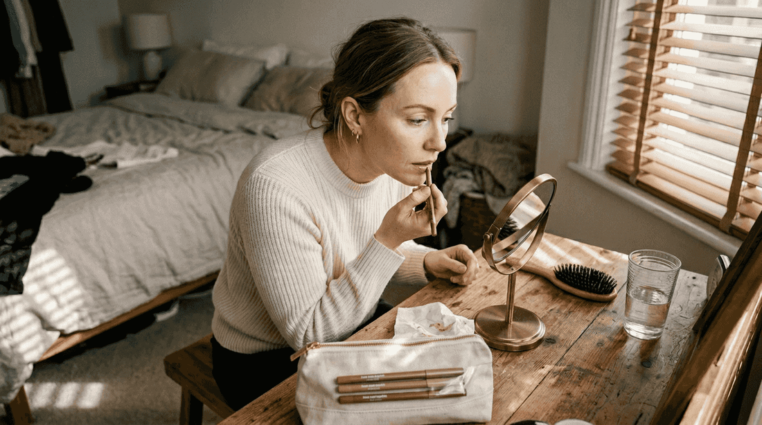 Woman with fair skin applying lip liner at vanity