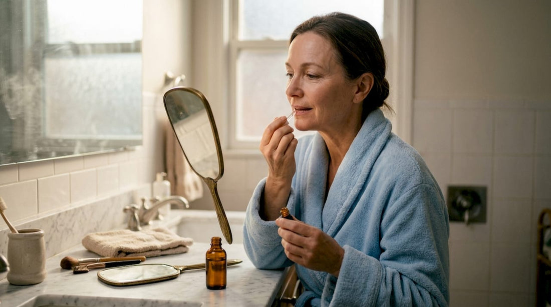 Woman over 50 applying lip serum by window