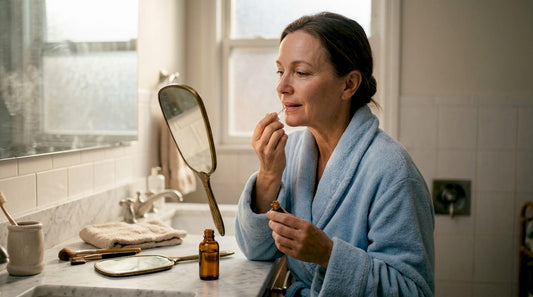 Woman over 50 applying lip serum by window