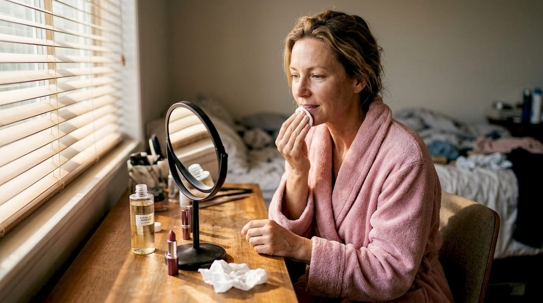 Woman gently removing lipstick at vanity