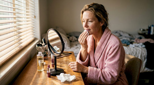 Woman gently removing lipstick at vanity